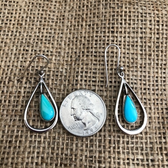 Item #982B- Navajo Kingman Turquoise Teardrop Double  Sterling and Turquoise Double Tear Drop Fish Hook Earrings